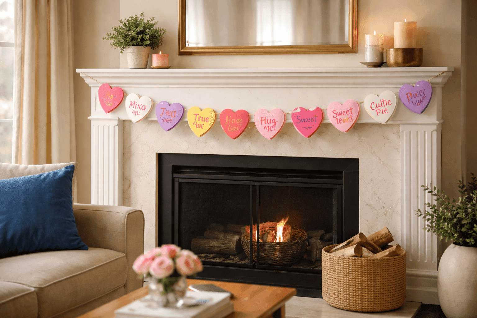 Colorful conversation heart garland with sweet messages strung across mantel in cozy living room creating festive Valentine's atmosphere