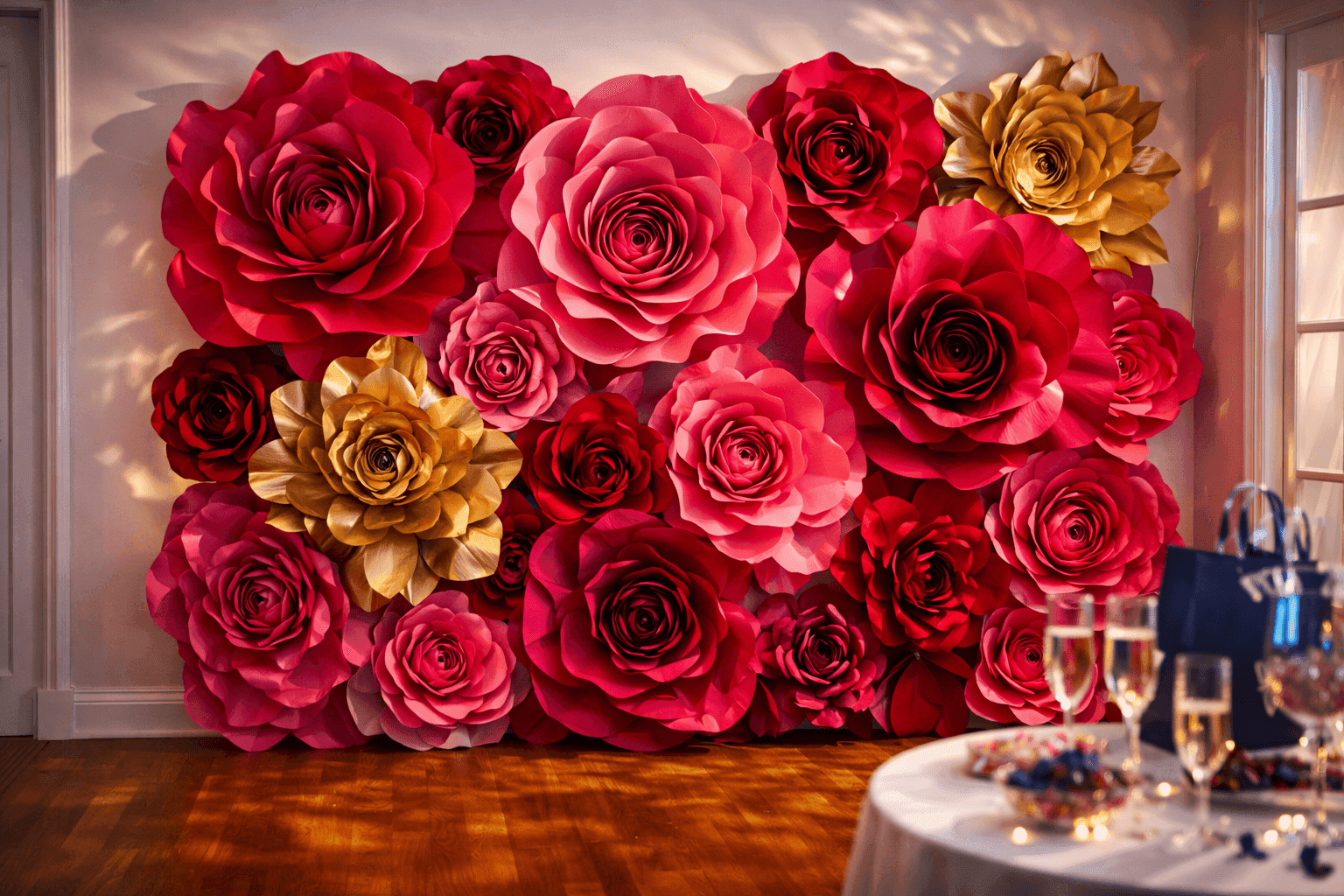 Dramatic oversized paper flower wall installation in bold Valentine colors creating showstopping photo backdrop