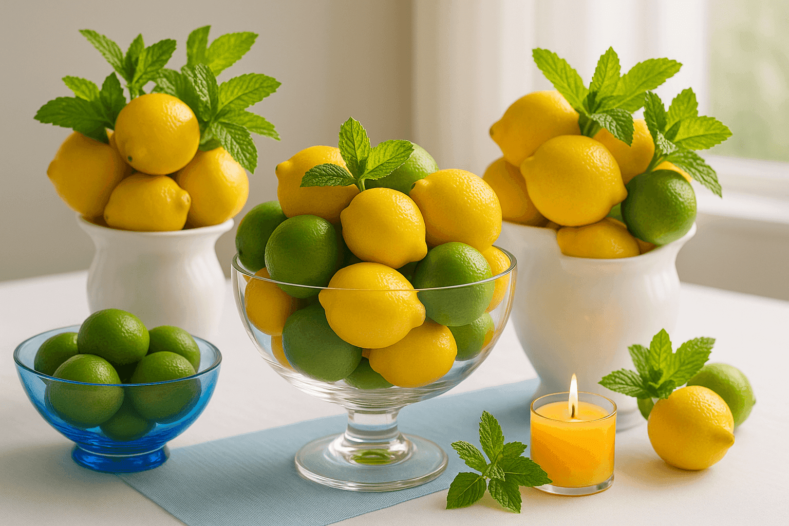 Vibrant citrus centerpiece with fresh lemons and limes in glass bowls and ceramic vases, accented with mint sprigs