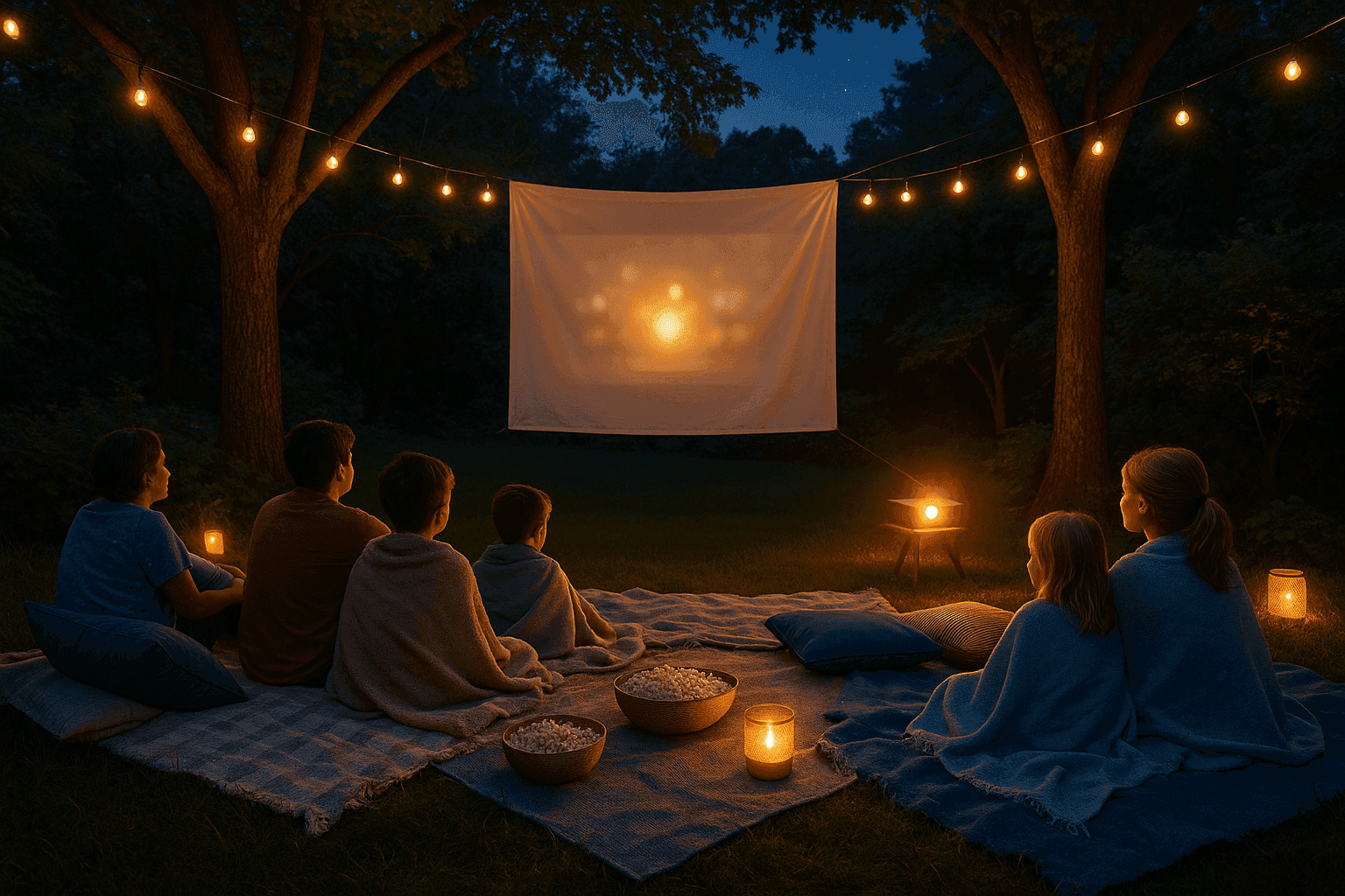 Cozy backyard movie night setup with white sheet screen, projector, blankets, and popcorn under starry evening sky