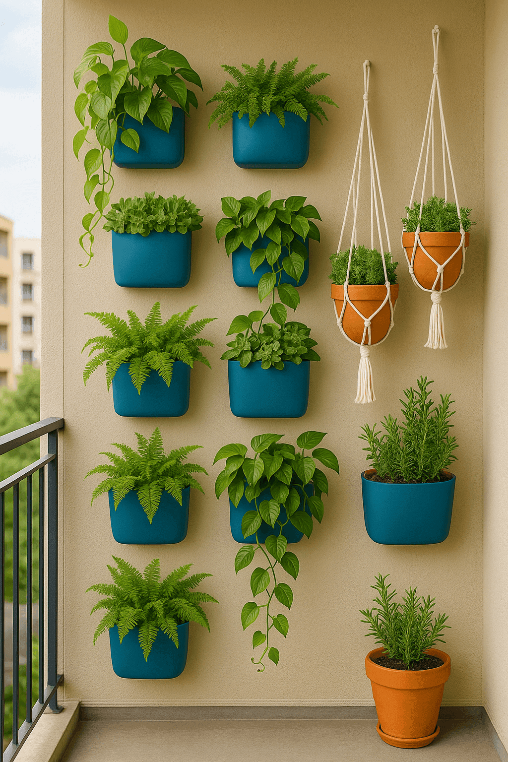 Beautiful vertical garden wall with cascading plants in wall-mounted planters and hanging baskets on small balcony