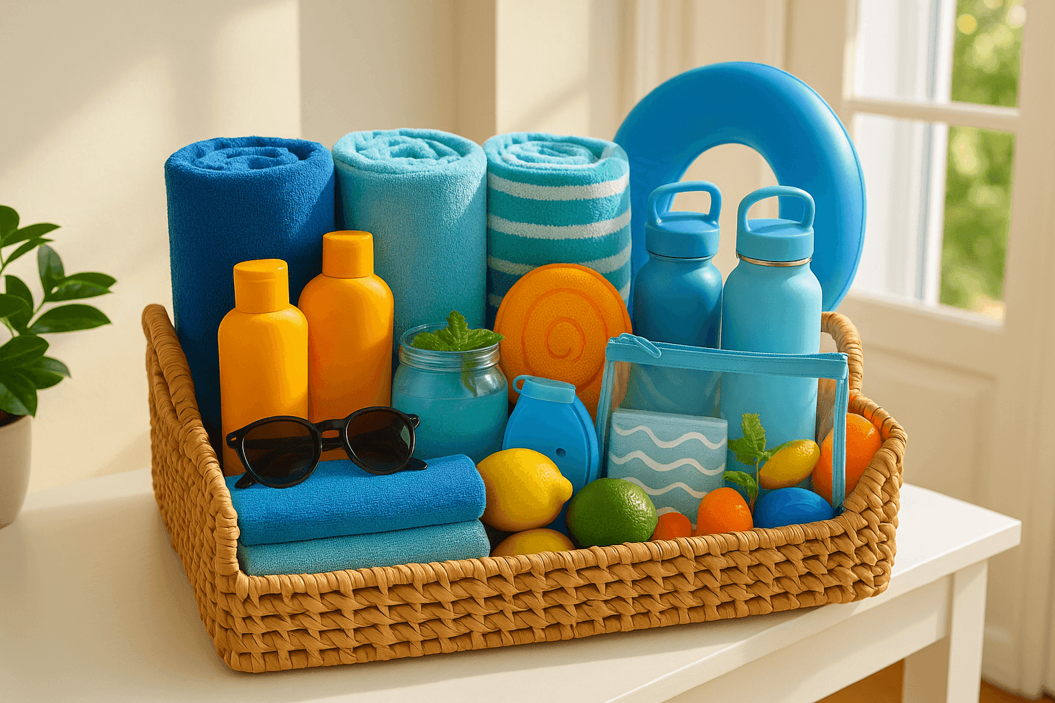 Stylish woven basket filled with poolside essentials including rolled towels, sunscreen, sunglasses, and summer accessories