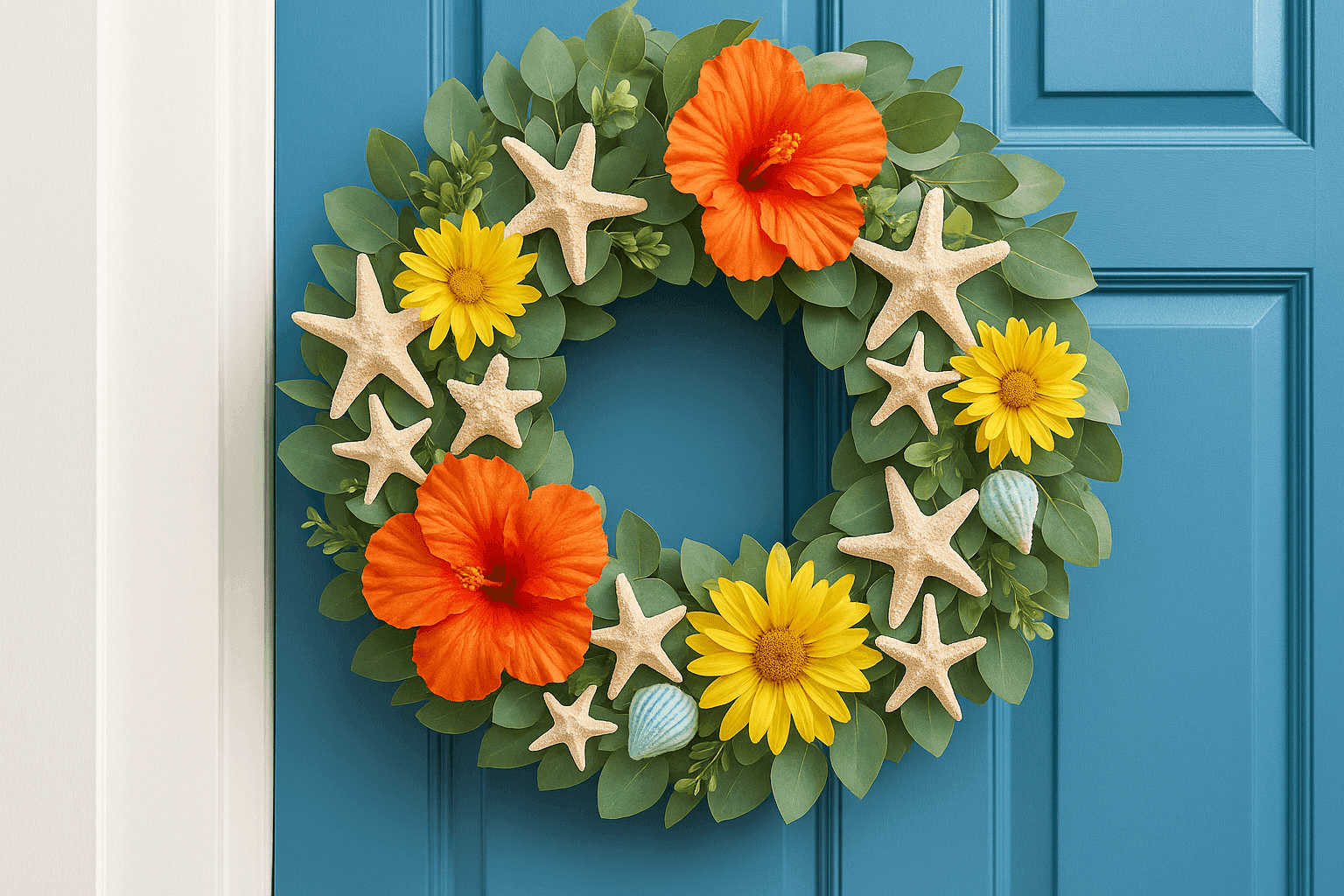 Beautiful summer wreath with greenery, seashells, and colorful flowers hanging on front door creating welcoming entrance