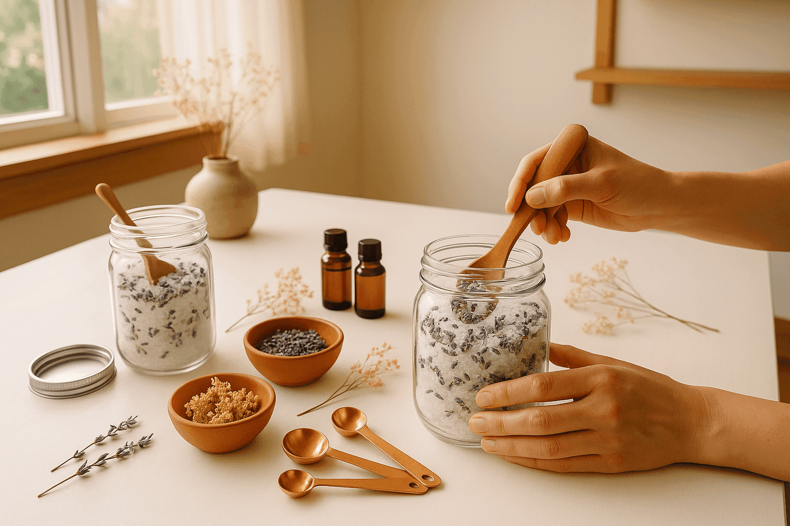 Peaceful crafting space with mason jars filled with custom bath salts, essential oils, dried lavender flowers, and mixing supplies on serene table