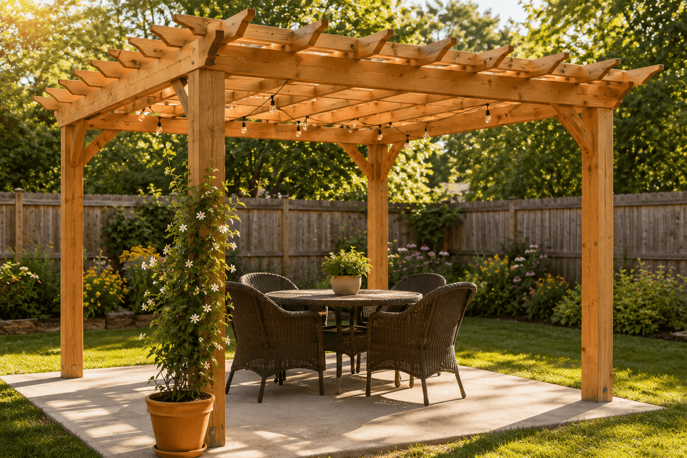 Freshly built DIY cedar pergola over a patio with cross beam roof structure casting dappled shade over an outdoor dining table and chairs below