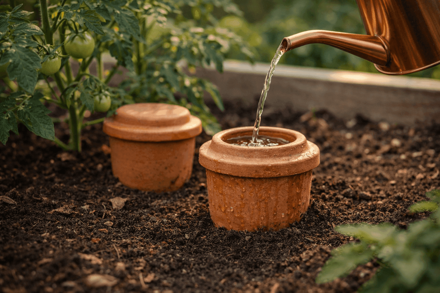 A small unglazed terra cotta pot buried up to its rim in dark garden soil beside tomato plants, filled with water and capped with an upturned saucer, with lush green vegetable garden beds visible in the soft background