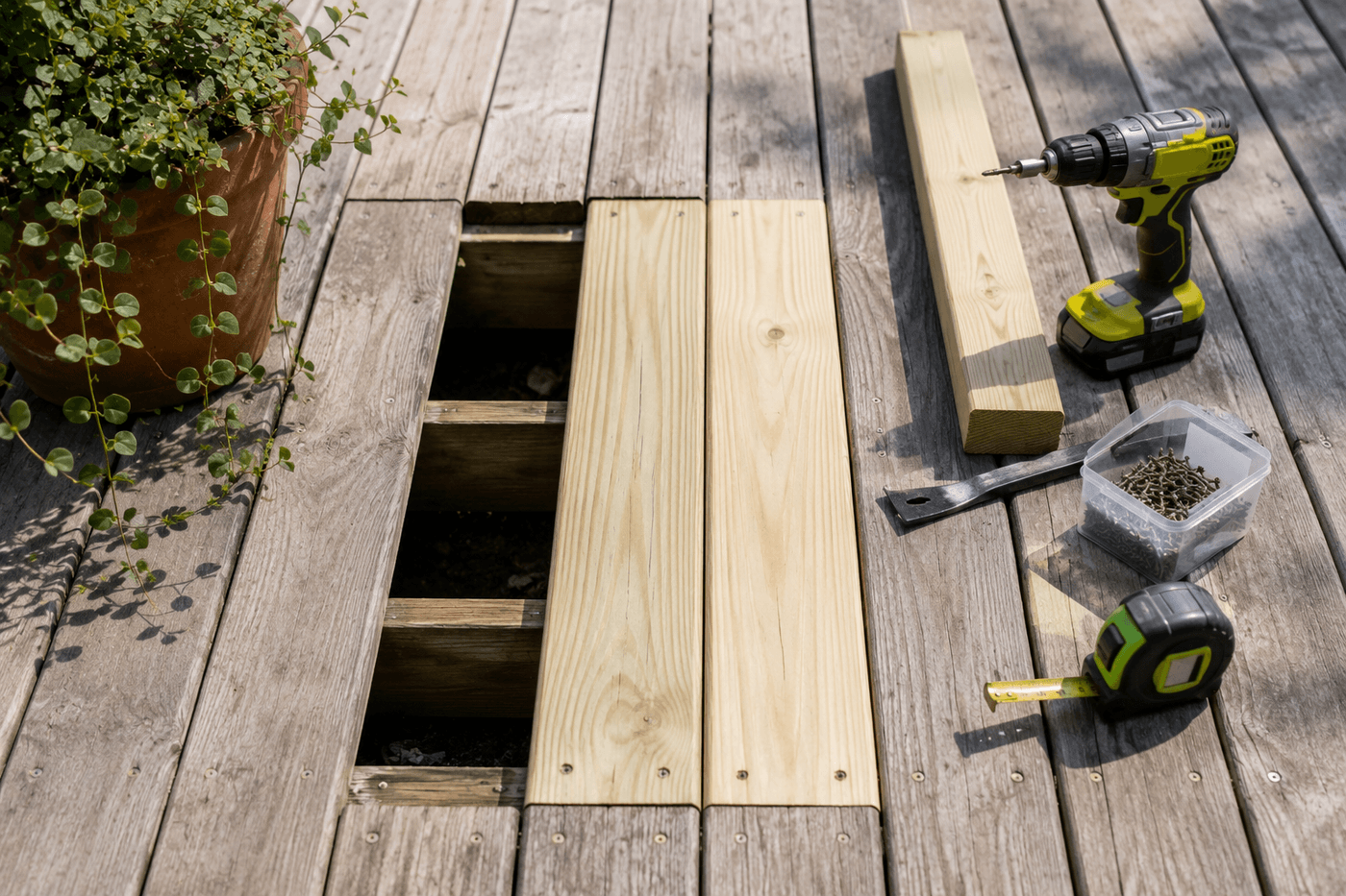 Deck board replacement in progress showing a new pressure-treated board being positioned beside weathered existing deck boards over solid joists, with a cordless drill, flat bar, and deck screws visible on the deck surface nearby