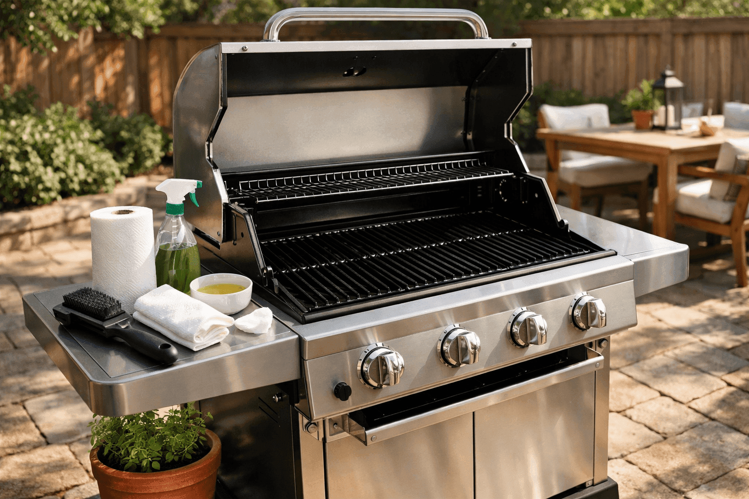 Sparkling clean gas grill with seasoned grates and clean burner covers on a sunny backyard patio ready for the first cookout of the season