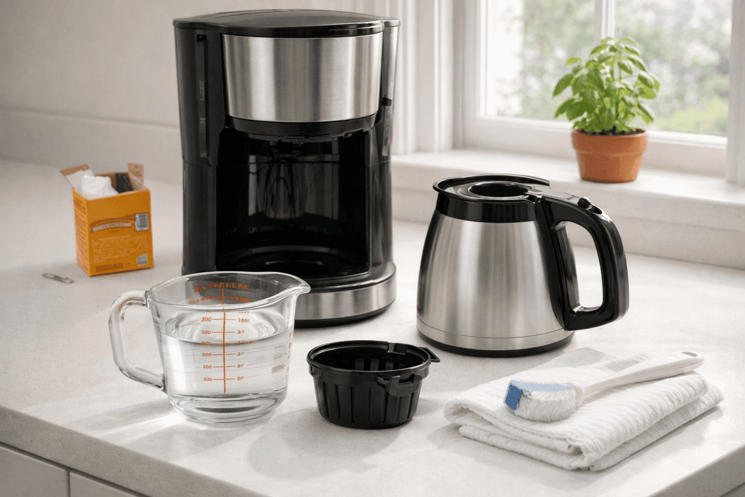 Coffee maker carafe, filter basket, and lid arranged beside a measuring cup of white vinegar and water solution on a clean kitchen counter during a deep cleaning session