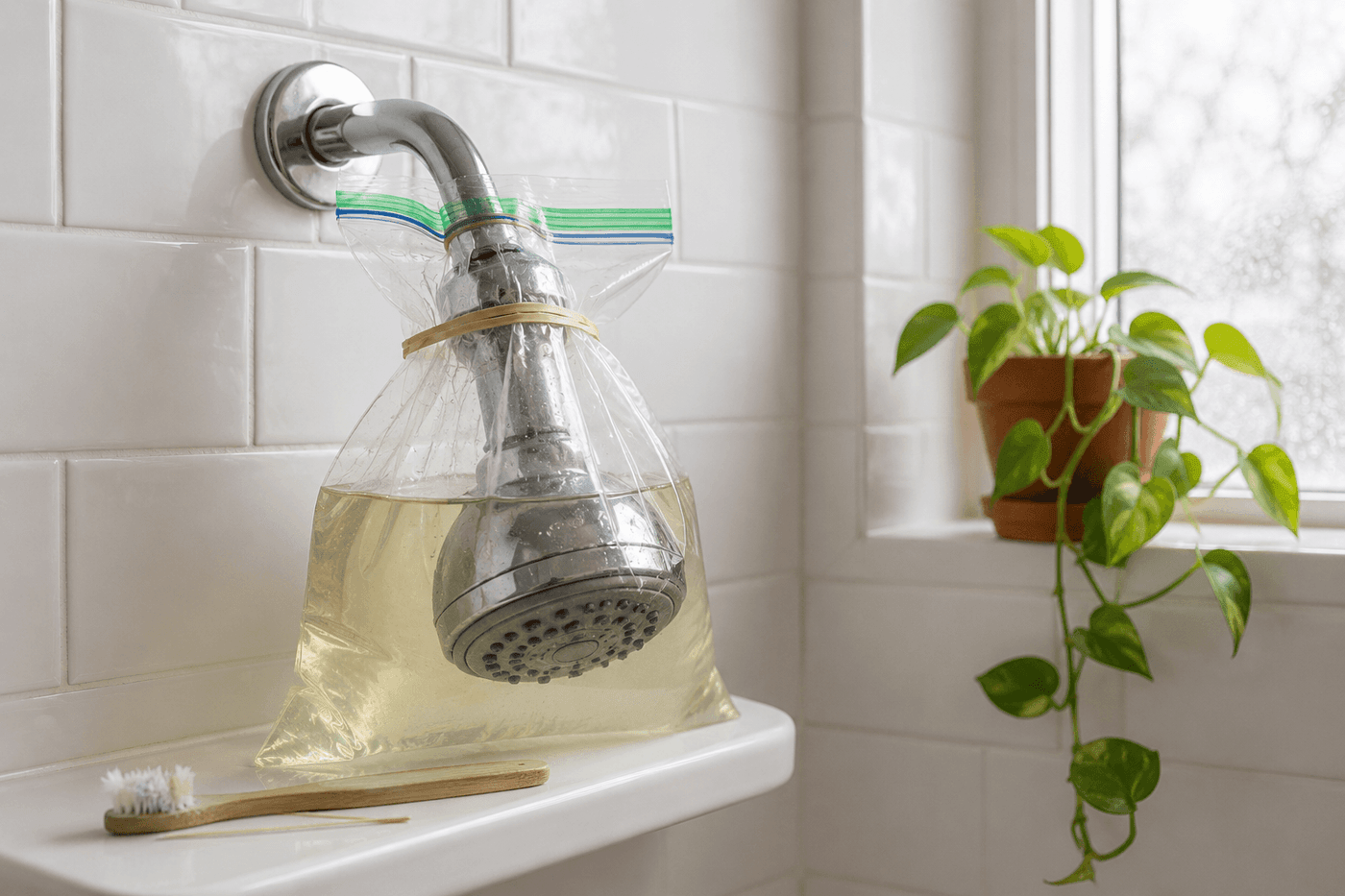 A shower head submerged in a plastic bag filled with white vinegar secured with a rubber band around the shower arm, with a toothbrush and toothpick on the shower shelf beside it