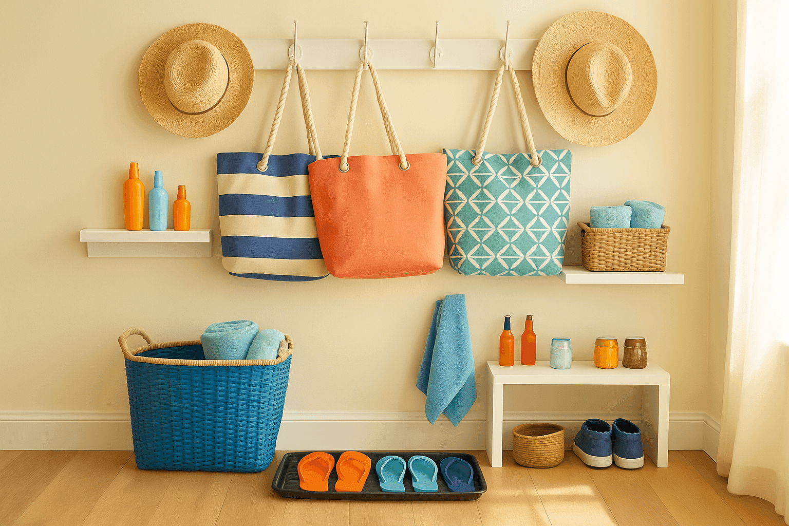 Organized summer mudroom with hooks for beach bags and hats, shoe tray, and easy-access sunscreen station