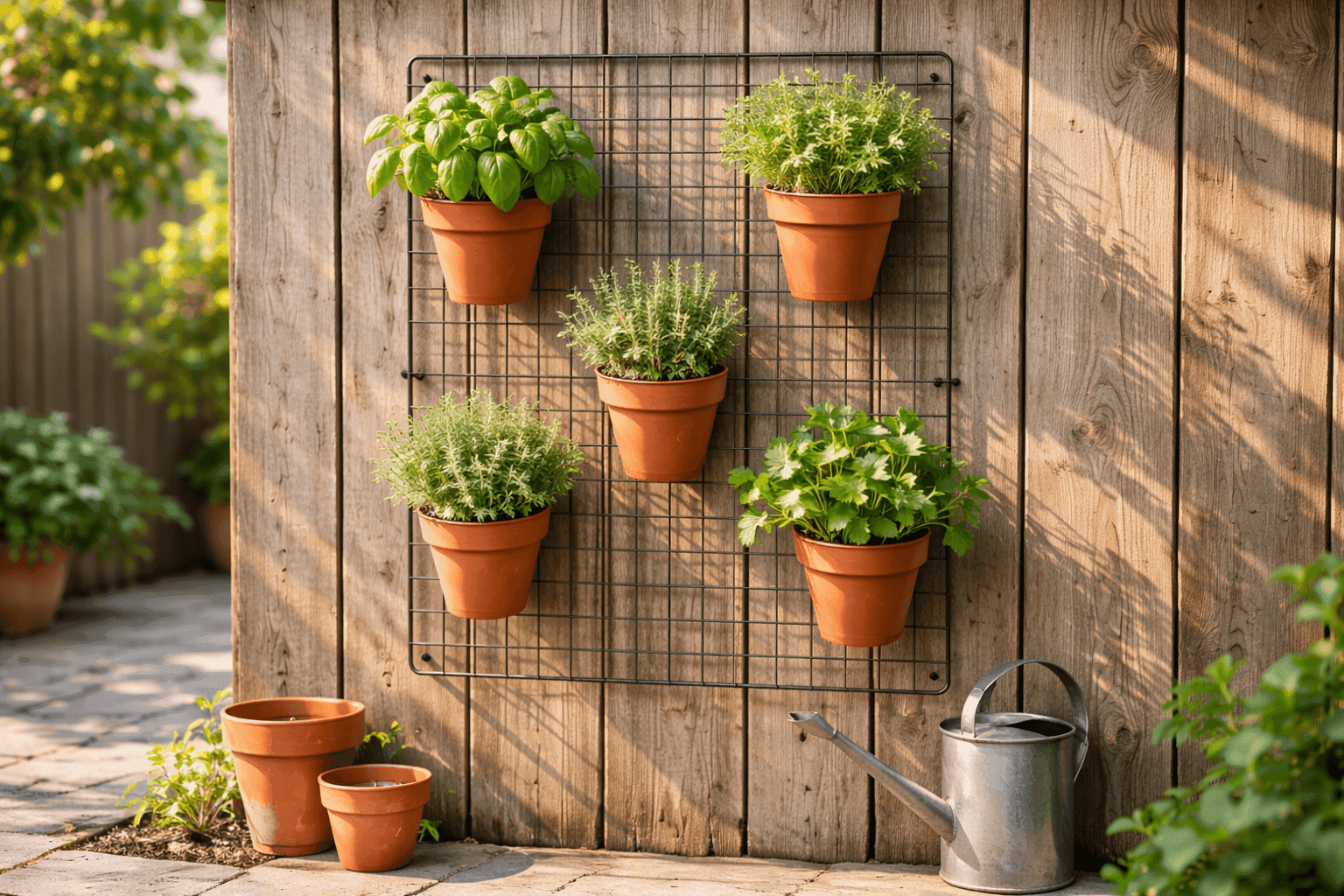 Small terra cotta herb pots wired to a metal grid mounted vertically on a sunny patio fence, planted with basil, thyme, parsley, and mint in a staggered arrangement