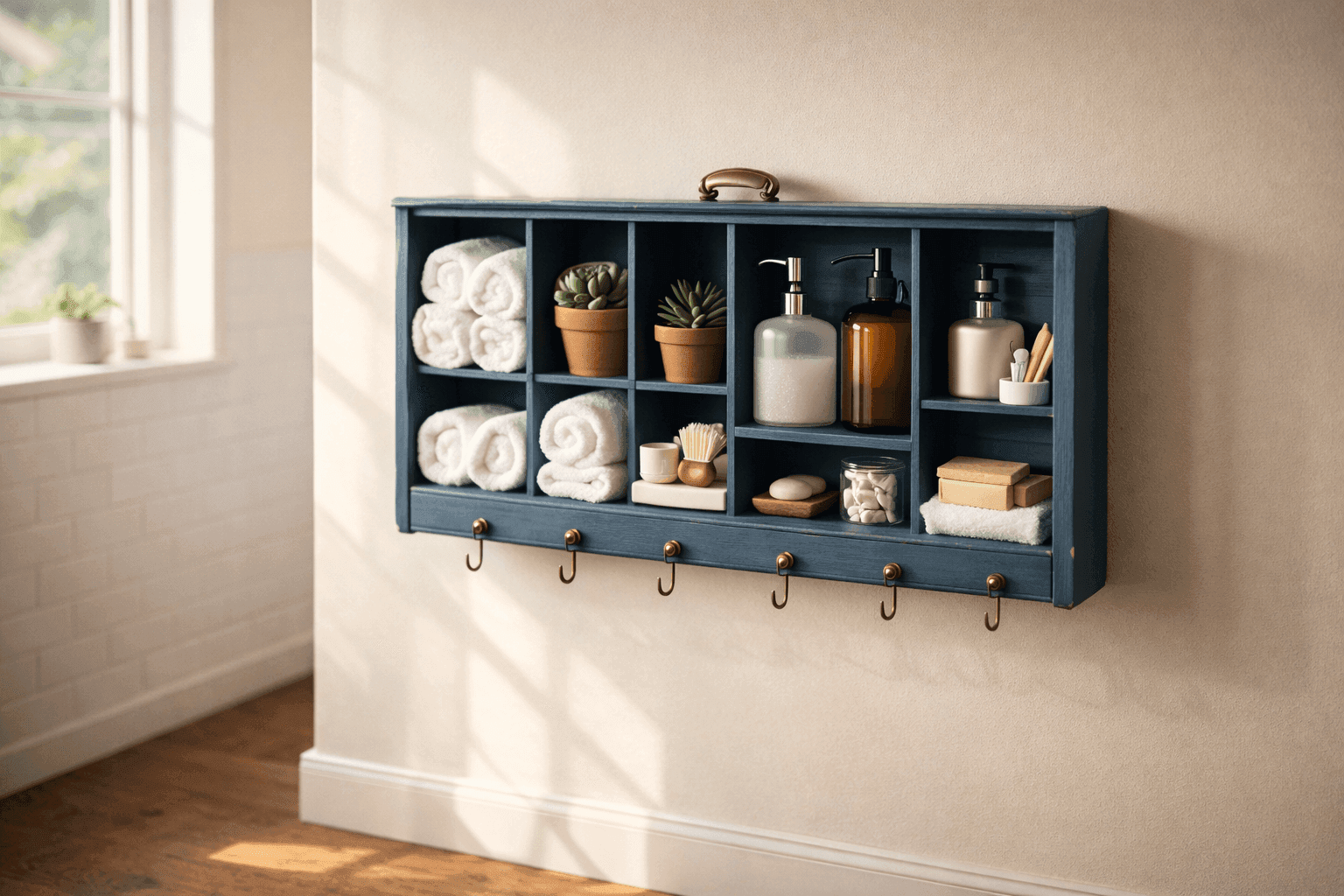 Upcycled dresser drawer mounted on wall as decorative shelf with plants and books in compartments
