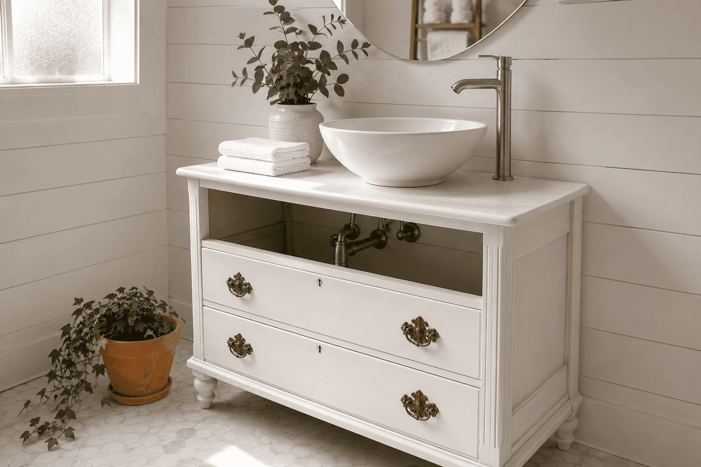 Vintage dresser converted into a bathroom vanity with a white ceramic vessel sink and brushed nickel faucet, styled with towels and small plants in a bright bathroom