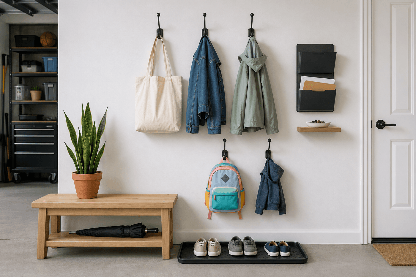 Organized garage entry drop zone with wall hooks holding bags and jackets, a boot tray with shoes, a small bench, a key dish, and a mail basket creating a clean functional landing area