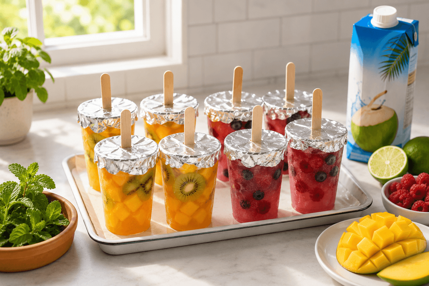 Eight paper cup electrolyte popsicles with craft sticks in two flavors — tropical mango and berry lemonade — displayed on a white surface with fresh coconut water, kiwi slices, raspberries, and mango chunks arranged around them