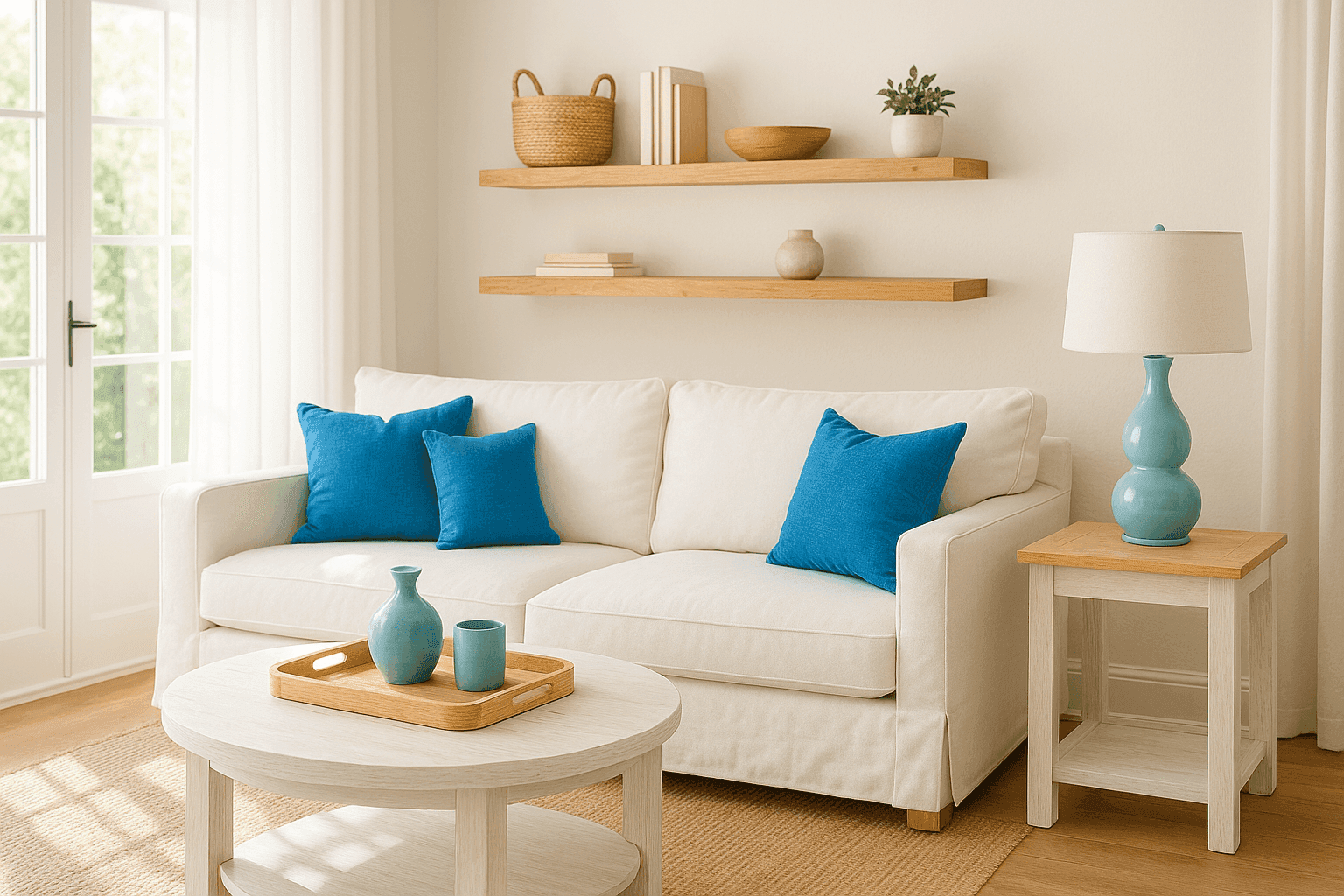 Bright summer living room with light wood accents in trays, shelves, and side tables paired with white fabrics and airy textiles