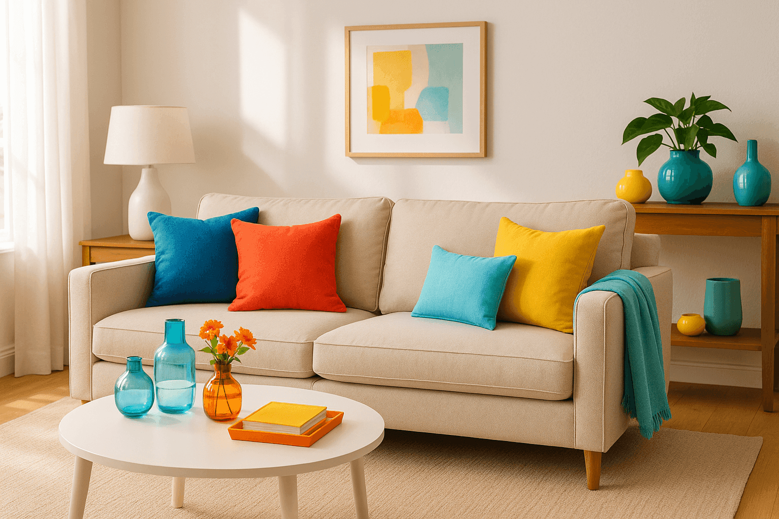 Bright neutral room energized with bold coral, turquoise, and sunny yellow accents through small decor pieces and accessories