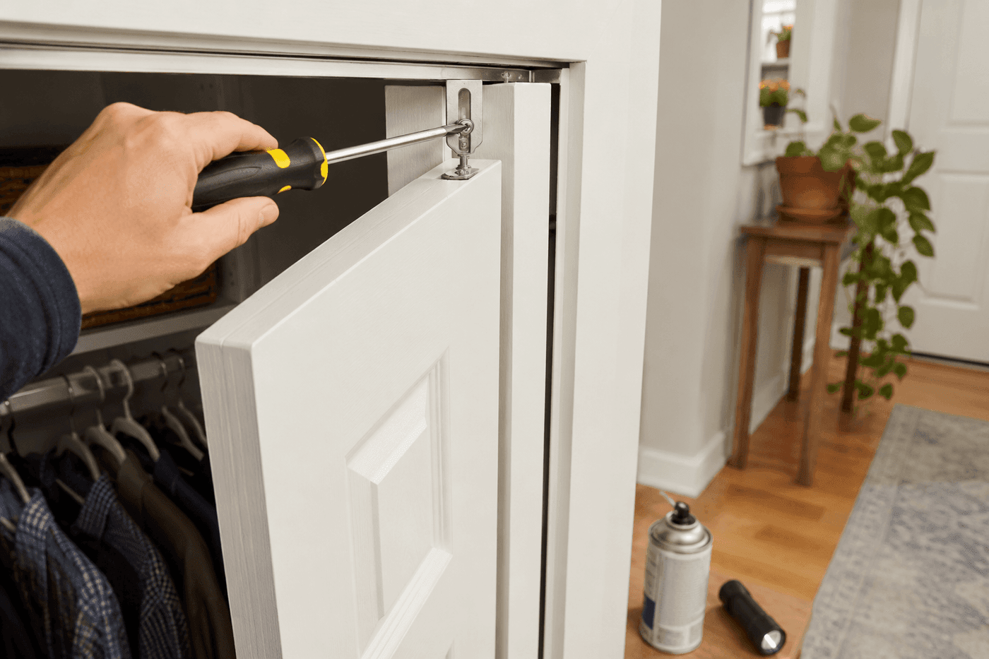 A bifold closet door with its top pivot bracket visible and a screwdriver adjusting the alignment screw, showing the door hanging straight against the frame after adjustment