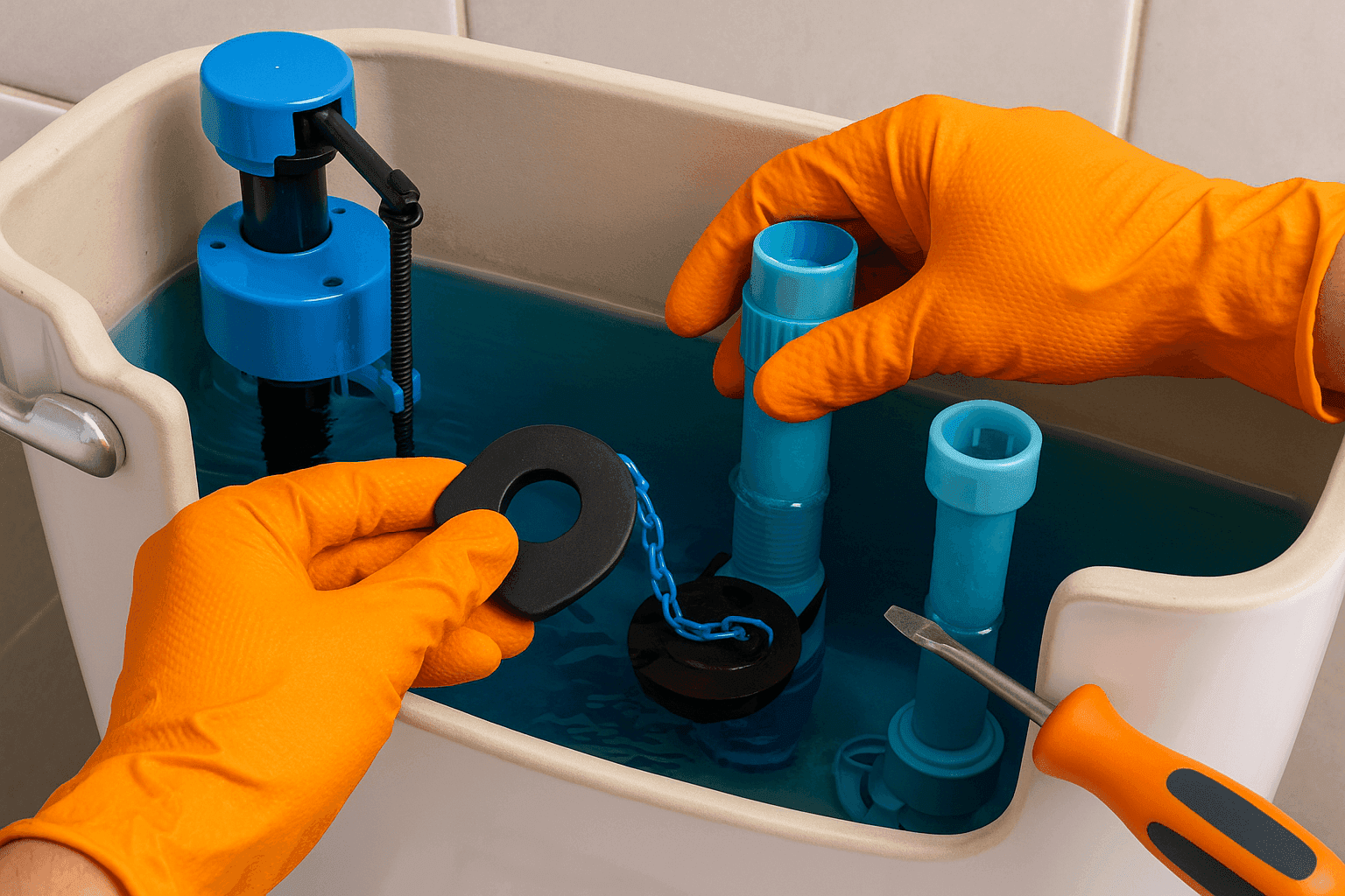 Toilet tank interior showing flapper valve replacement and float adjustment to fix running toilet and prevent water waste