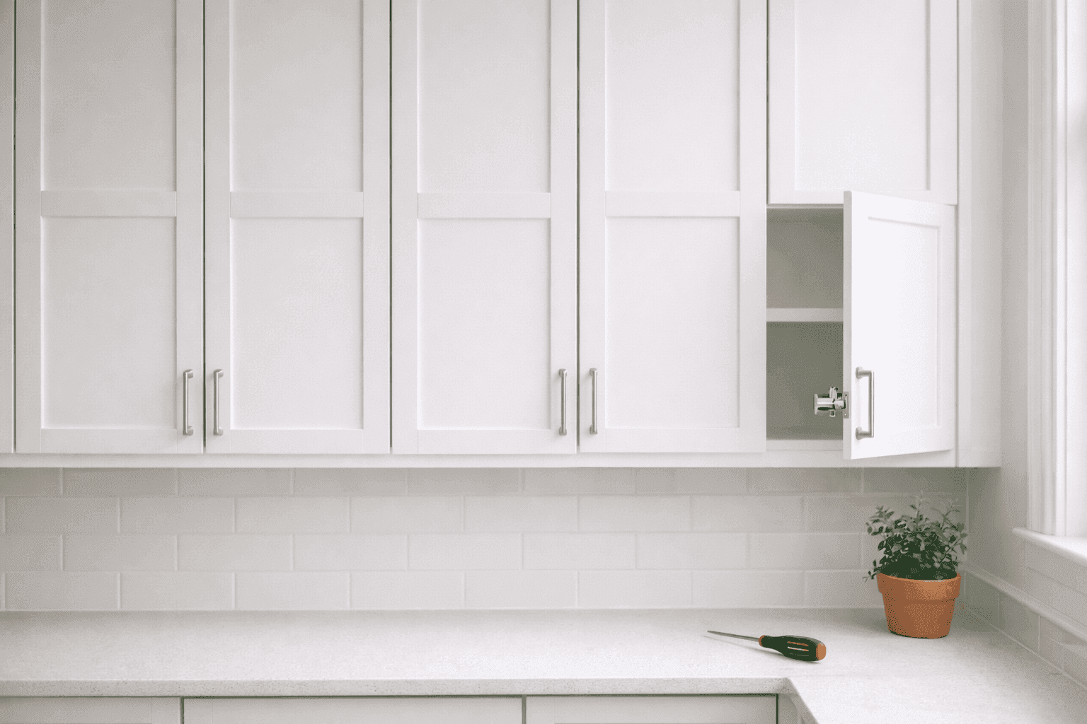 Perfectly aligned white kitchen cabinet doors with even gaps and flush fronts after hinge adjustment in a bright modern kitchen interior