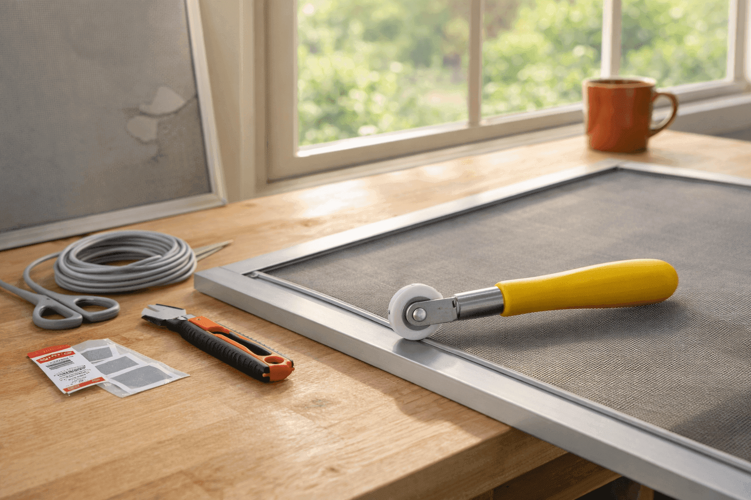 A window screen being re-screened on a wooden workbench, with a spline roller tool pressed into the frame channel, fresh gray fiberglass screen material pulled taut across the frame, and spring garden visible through a nearby open window in the soft background