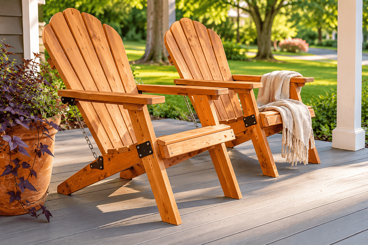 Two natural cedar folding Adirondack chairs on a covered front porch with exterior hinges visible at the seat-back joint, surrounded by potted plants in afternoon sunlight