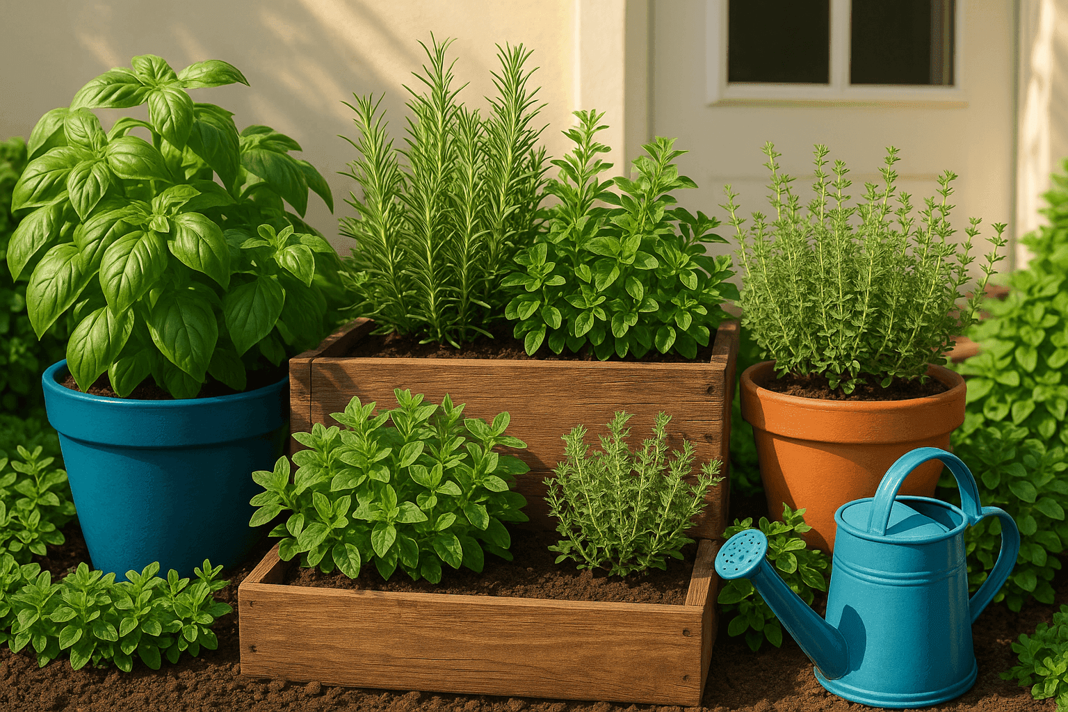 Thriving herb garden with fresh basil, rosemary, thyme, and other culinary herbs in containers and raised beds