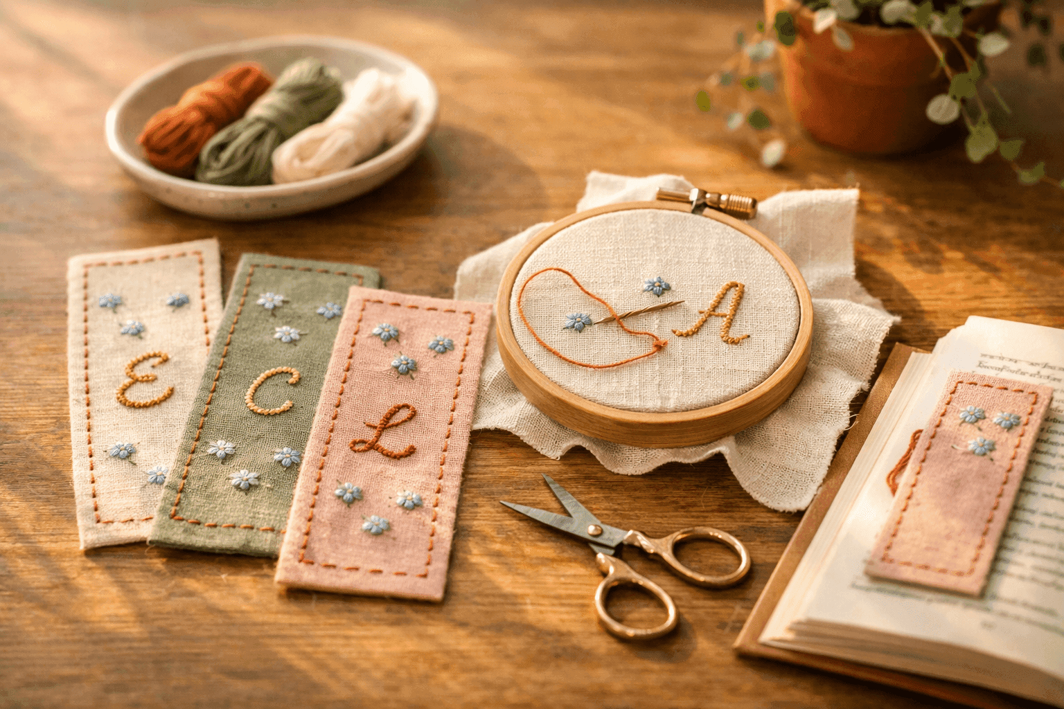 Collection of hand-stitched fabric bookmarks in soft linen and cotton with embroidered details arranged on an open book beside a needle and colorful thread on a wooden table