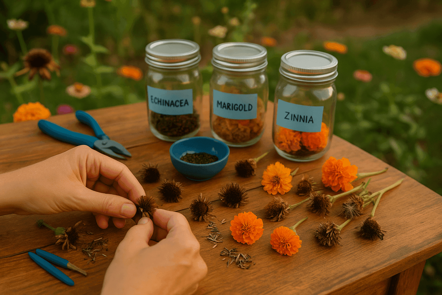 Garden scene showing hands collecting wildflower seeds from spent blooms with mason jars and collection tools for seed saving