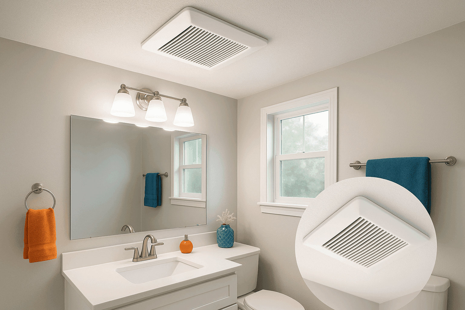 Modern bathroom with newly installed exhaust fan showing clear mirror and bright, well-ventilated space