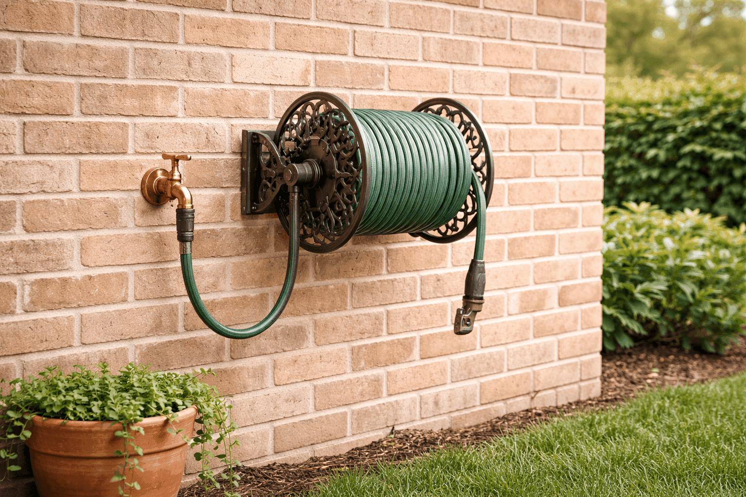 Wall-mounted garden hose reel with neatly wound green hose installed on exterior brick wall beside an outdoor spigot in a tidy backyard