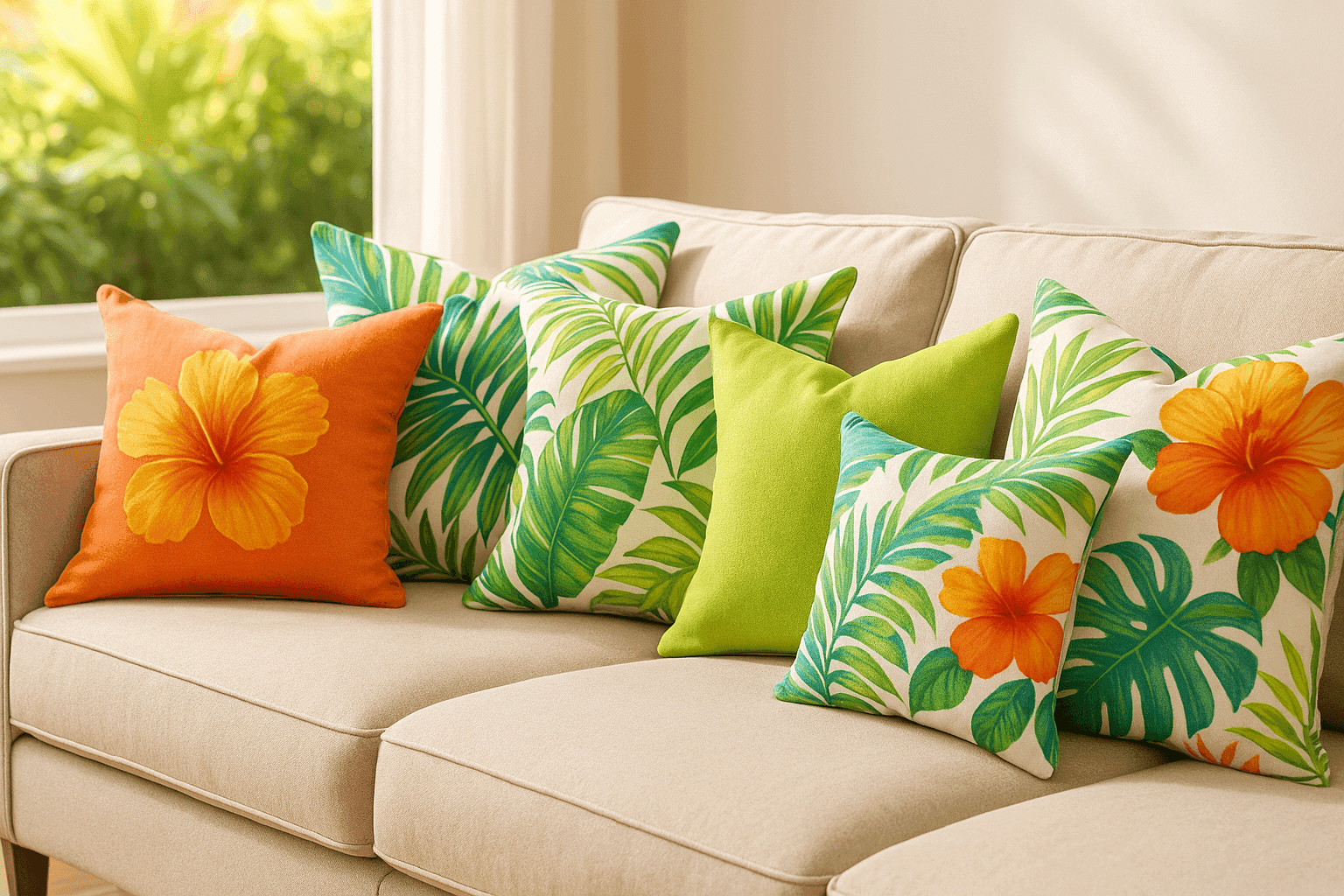 Bright living room with tropical print throw pillows in vibrant colors and lightweight linen fabrics on neutral sofa