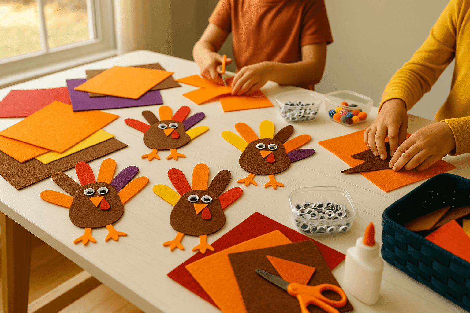Colorful felt turkey crafts including handprint turkeys and finger puppets spread across a craft table with children's hands working on projects