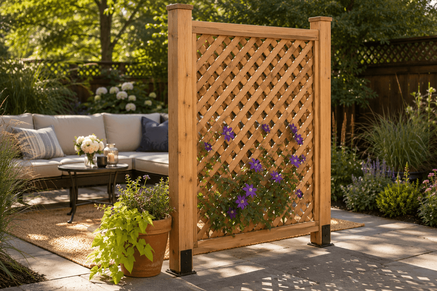 Cedar lattice privacy screen on a backyard patio with clematis vines beginning to weave through the crisscross pattern, with outdoor furniture visible behind it
