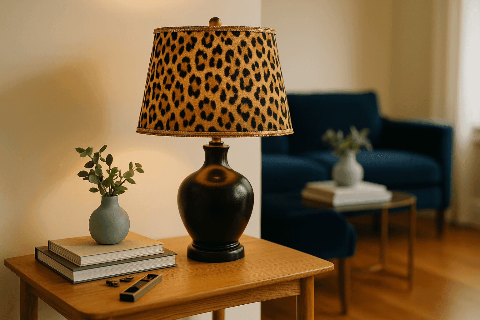 Glamorous leopard print fabric lampshade with gold metallic trim on elegant table lamp in styled living room setting