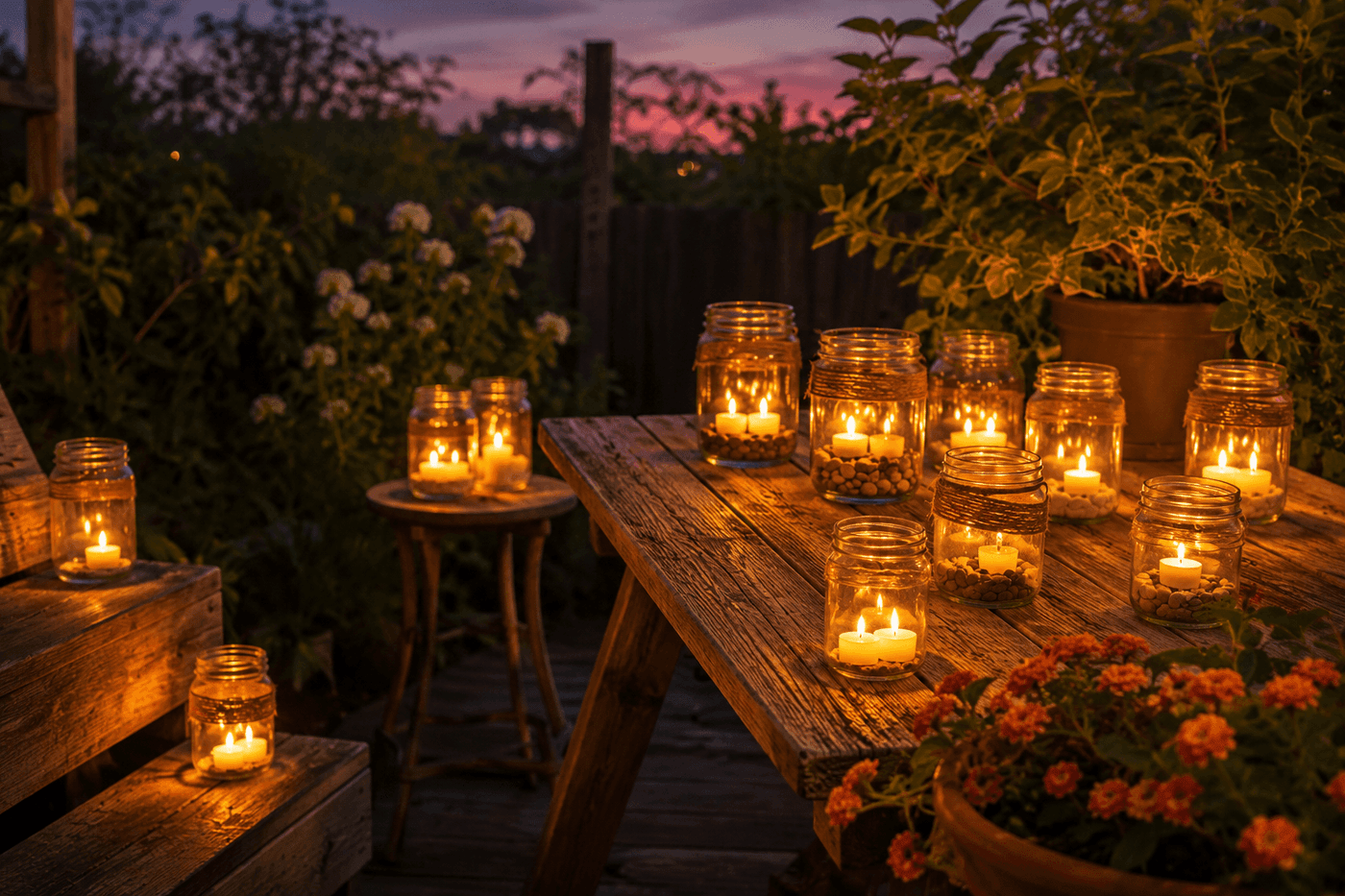A cluster of mason jar citronella candles with warm glowing tea light flames on a patio table at dusk, some wrapped with twine and others with pebbles at the base, warm candlelight reflecting off the glass