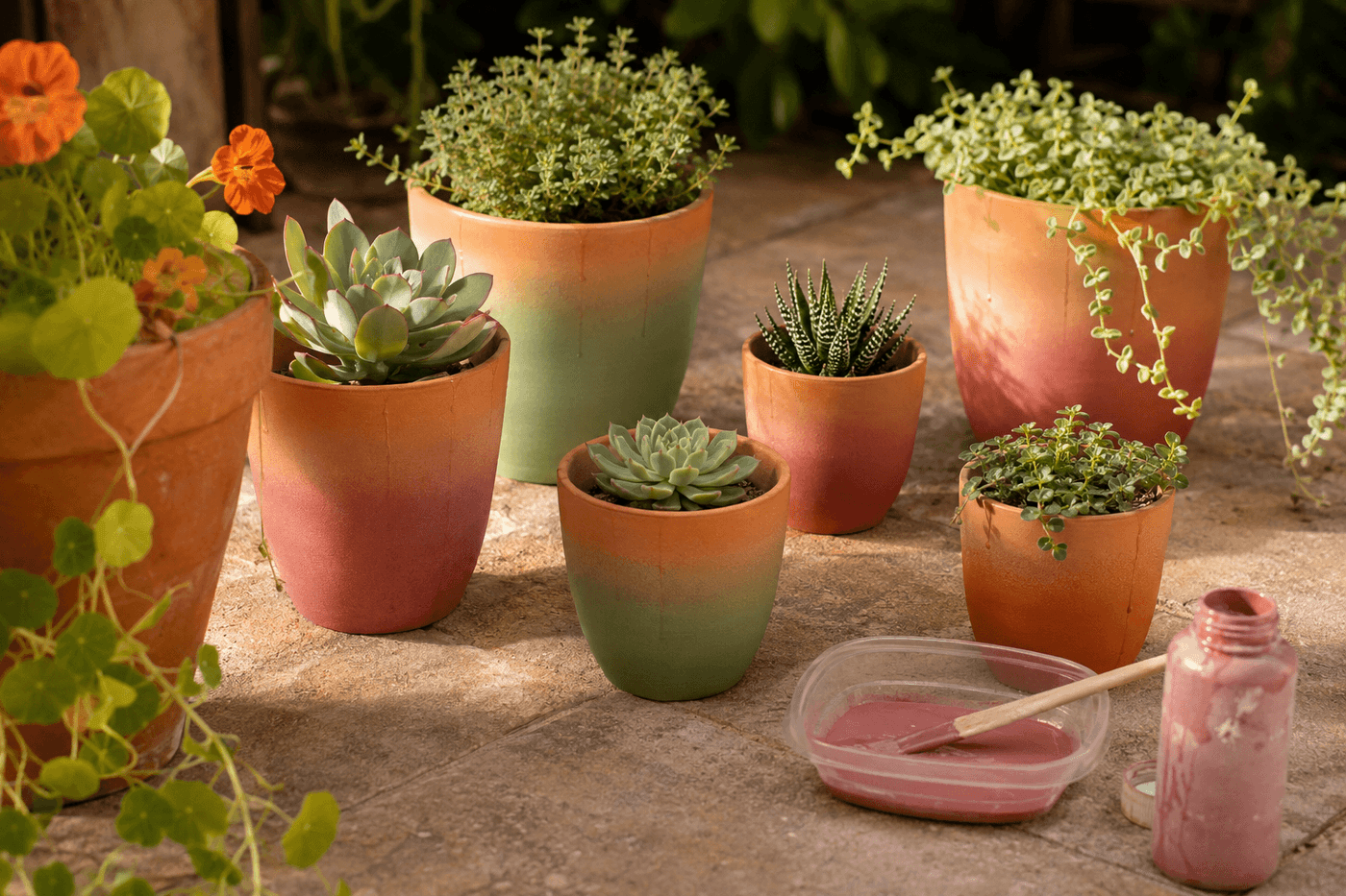 Six dip-dyed ombré terra cotta planters in dusty rose, sage green, and soft terracotta orange grouped on a sunny patio surface showing the gradient color fade from rich base to natural terra cotta rim