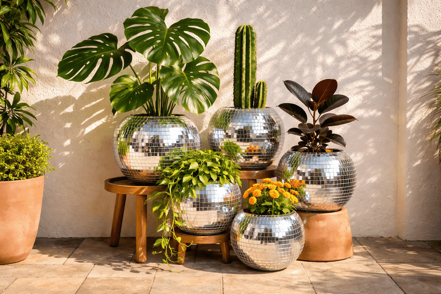 Collection of mirror tile covered disco ball planters in various sizes holding bold tropical plants creating dancing light reflections on a sunny patio