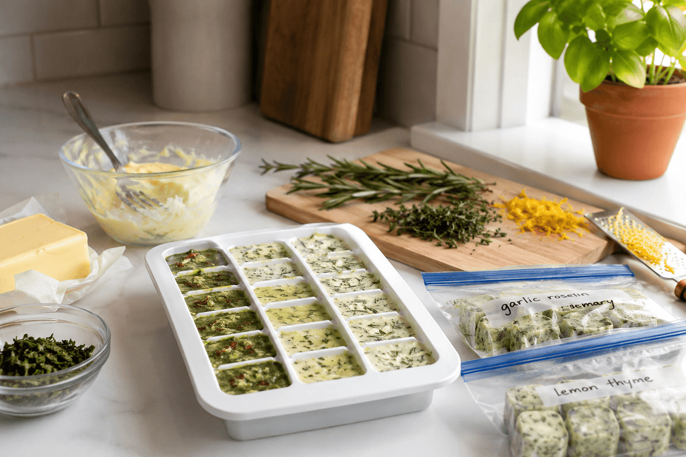 An ice cube tray filled with green herb butter mixtures beside labeled zip-lock bags of frozen herb butter cubes and fresh herb sprigs on a kitchen counter