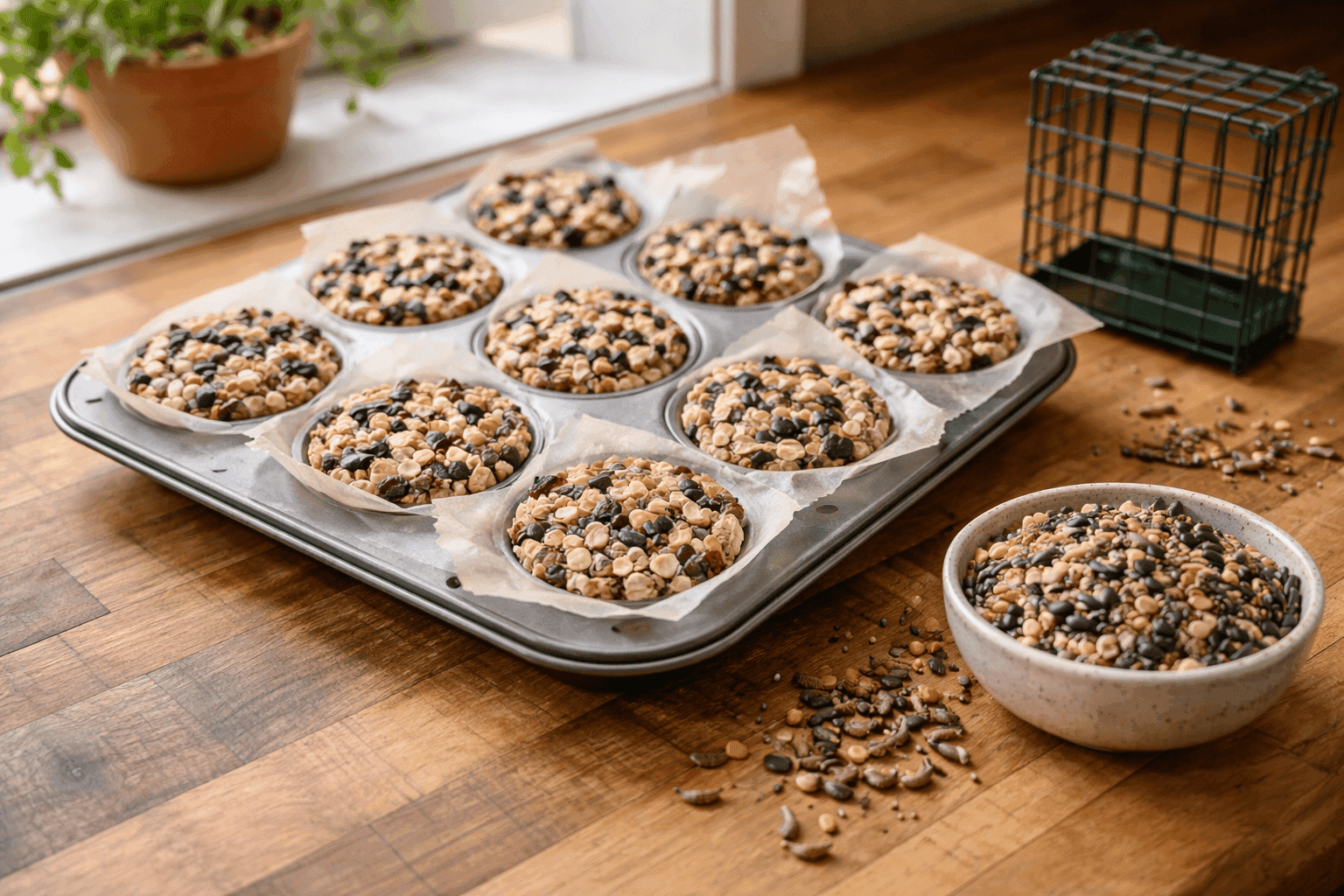 Homemade bird suet cakes packed with seeds and dried fruit cooling in a muffin tin on a wooden kitchen counter beside a mesh suet feeder and scattered birdseed