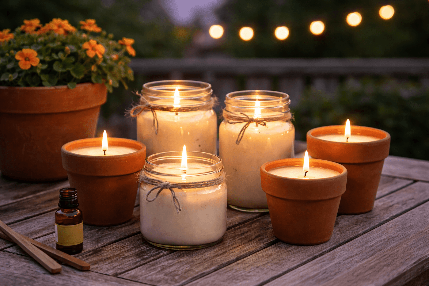 Six homemade soy wax mosquito repellent candles in mason jars and terracotta pots clustered on a wooden patio table at dusk with warm candlelight glowing through each vessel