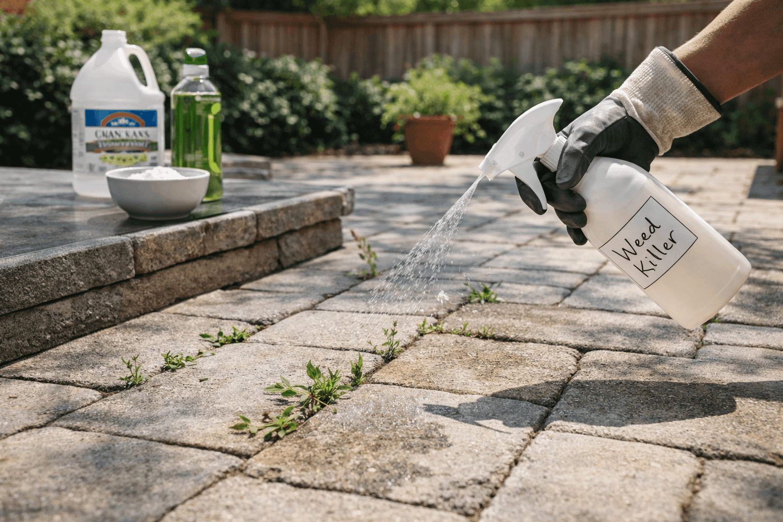 Hand spraying natural homemade weed killer from a white spray bottle onto weeds growing in patio pavement cracks on a sunny day with a gallon of white vinegar and dish soap visible nearby