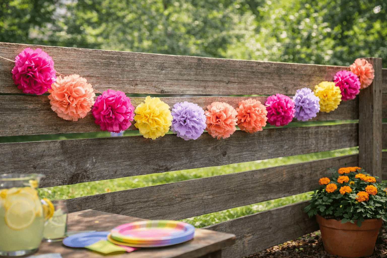 Colorful tissue paper flower garland draped across a wooden backyard fence at a summer party with vibrant blooms in pink, yellow, and coral