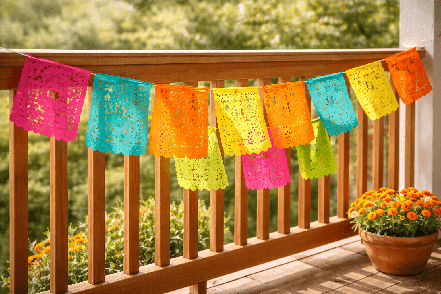 Colorful tissue paper fiesta banner panels in hot pink, turquoise, orange, and yellow with symmetrical cutout patterns hanging on twine across a sunny porch railing