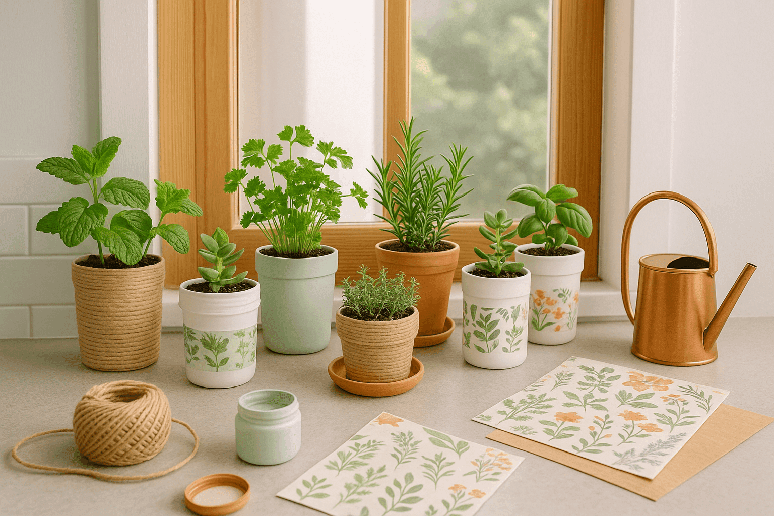 Collection of repurposed plastic containers transformed into beautiful planters wrapped with twine, painted with chalk paint, and decorated with paper