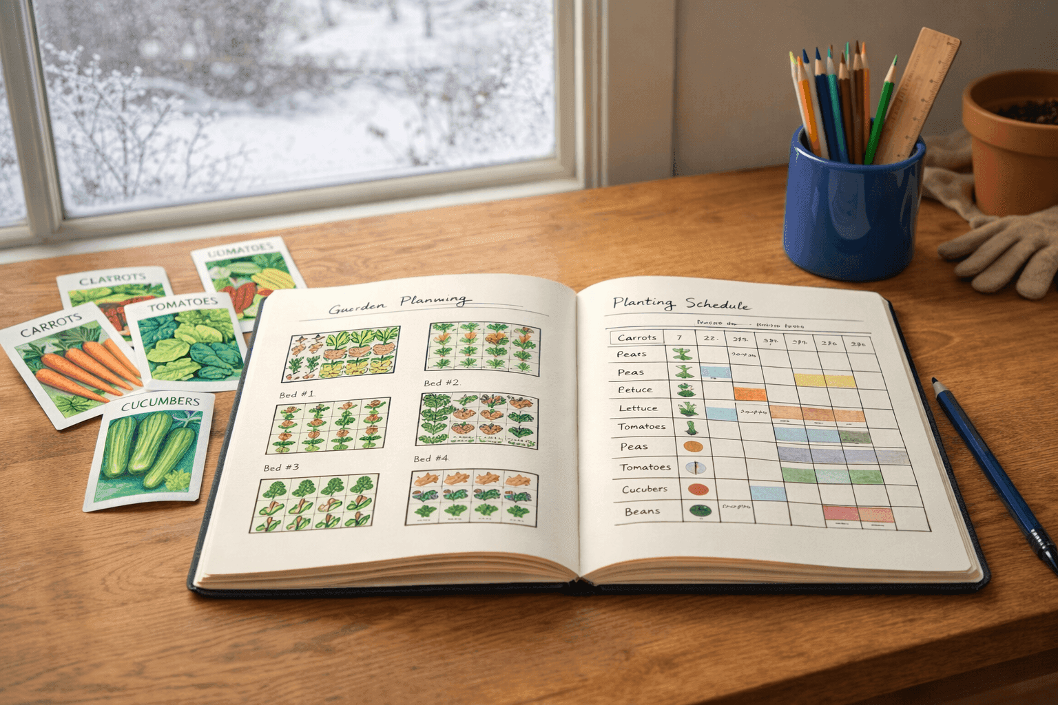 Open garden planning journal with hand-drawn layout sketches and seed packets spread across wooden table near window with winter garden view
