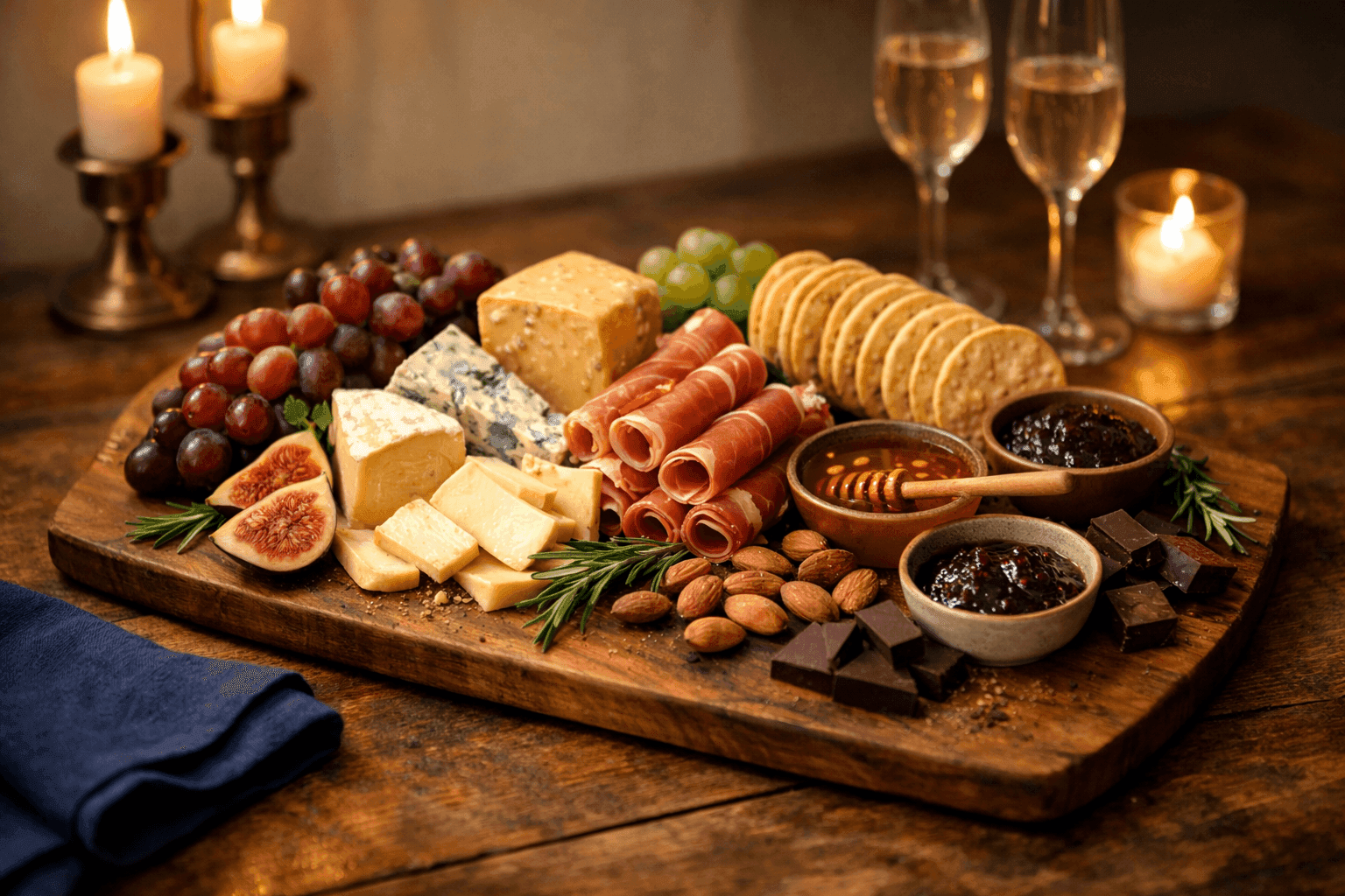 Elegant charcuterie board with artfully arranged cheeses, fruits, crackers, and chocolates on wooden board