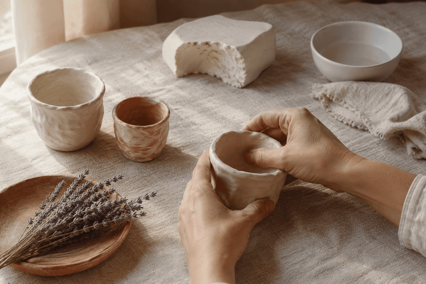 Hands shaping a clay pinch pot on a linen-covered work surface, with a finished natural clay bowl and a small painted pot visible nearby alongside clay tools and a cup of water