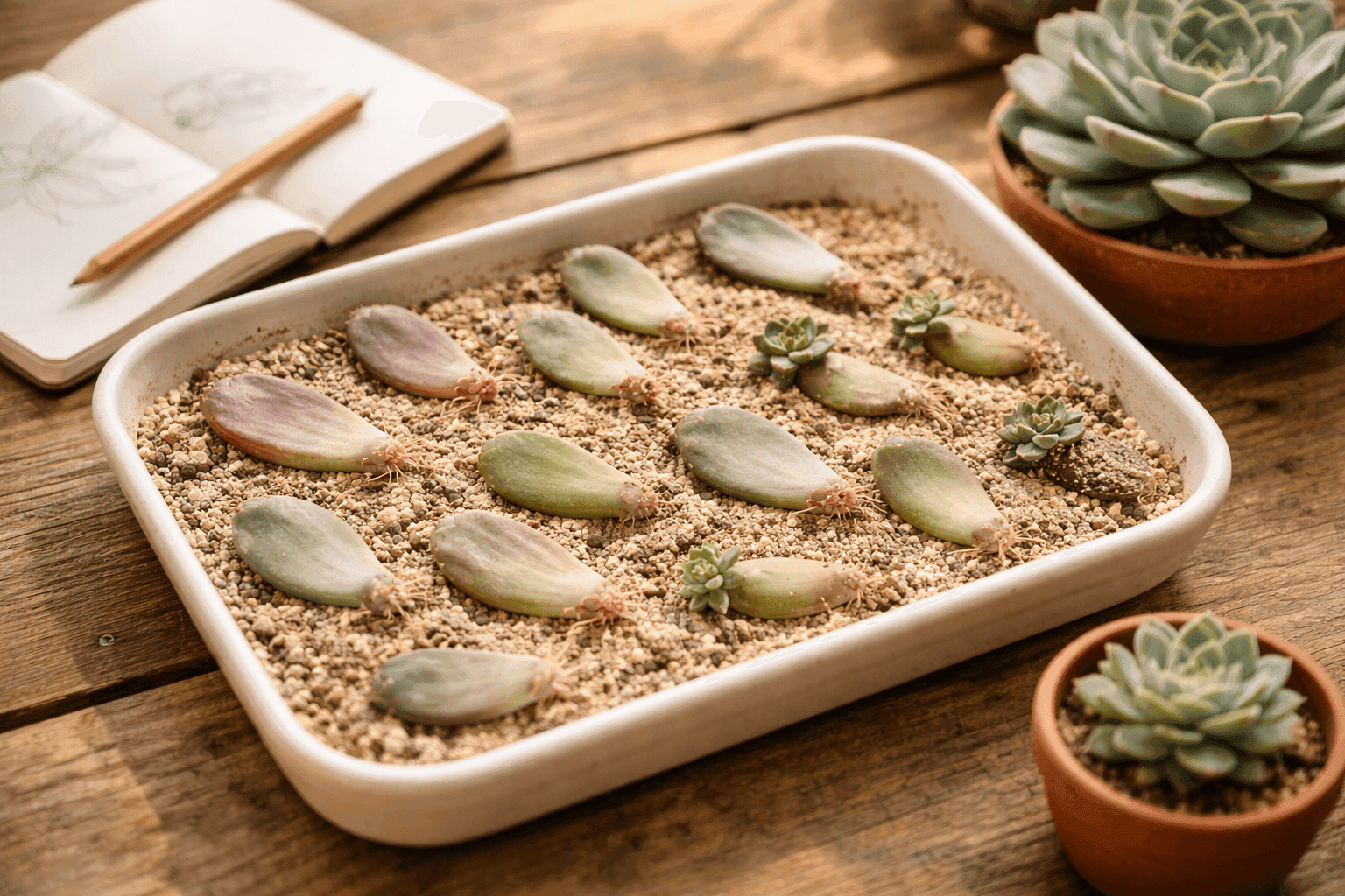 A shallow tray of succulent leaves arranged on dry soil beside a healthy parent plant, with tiny pink roots emerging from several leaves